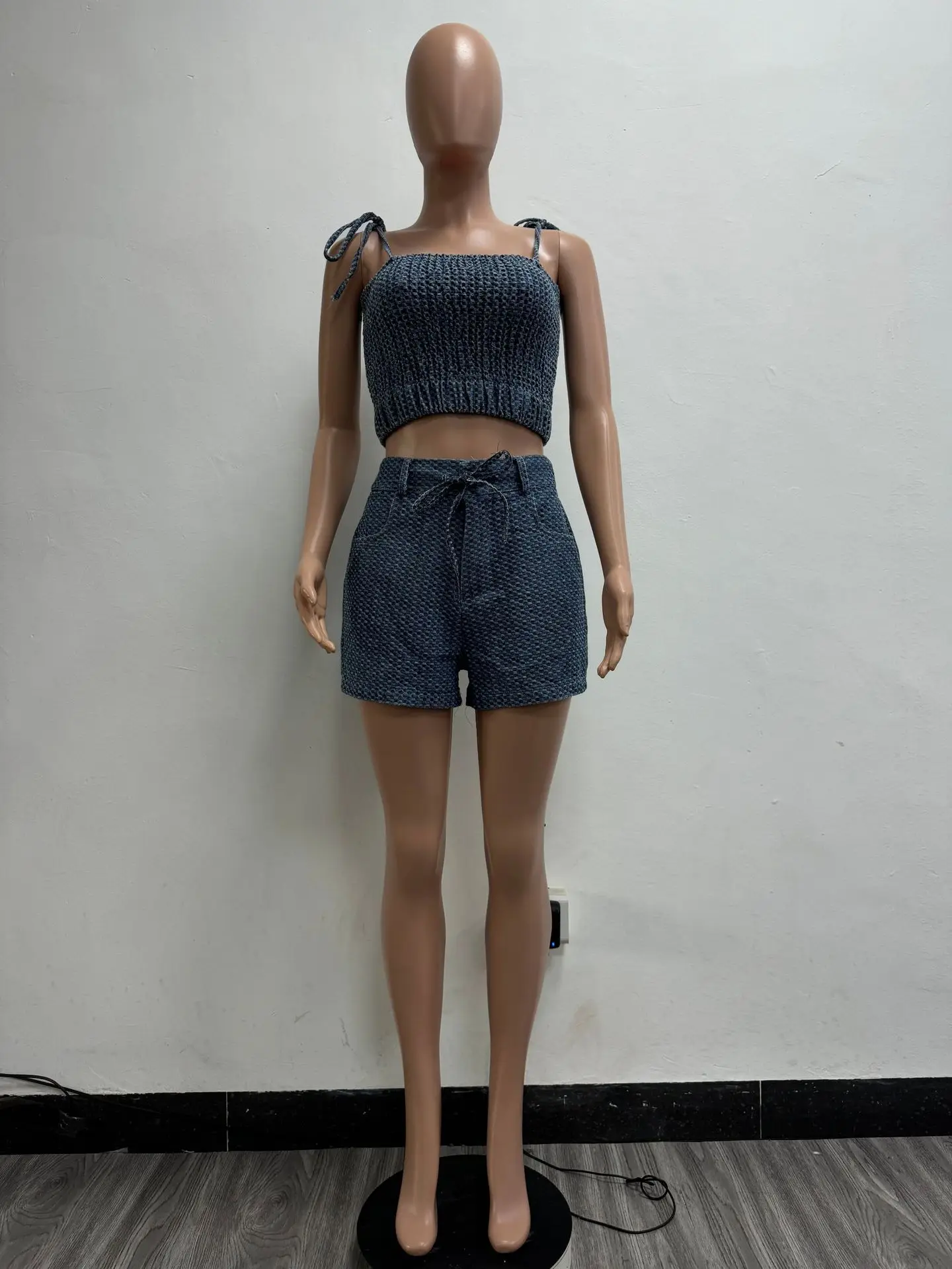 A Fashionable and Sexy Slim-fitting Denim Lace-up Two-piece Set. Women's Summer… - Image 3