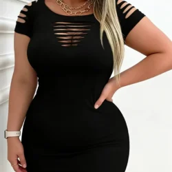 Plus Size Slim Fit Mini Dress for Women with Hollow Short Sleeved Elastic Slim Fit…