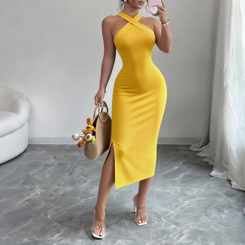Women's Burgundy Halter Neck Sleeveless Stretchy Knit Bodycon Midi Dress Side Slit… - Image 5