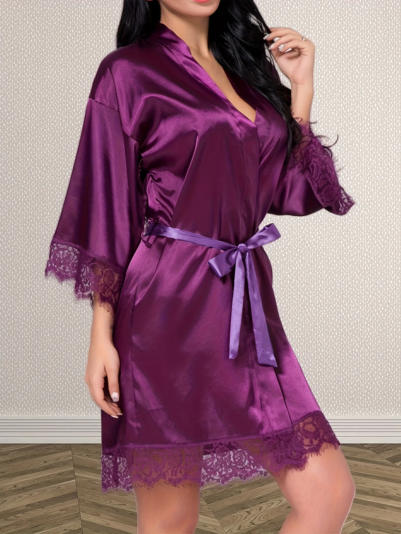 Women's Satin Robe Lace Trim Short Sleeve Belted Bathrobe Lightweight Silky… - Image 16
