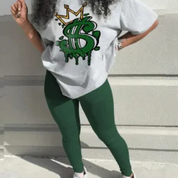 Crown Letter Print Pants Set Y2K Summer Round Neck Graphic Short Sleeve T-shirt &…