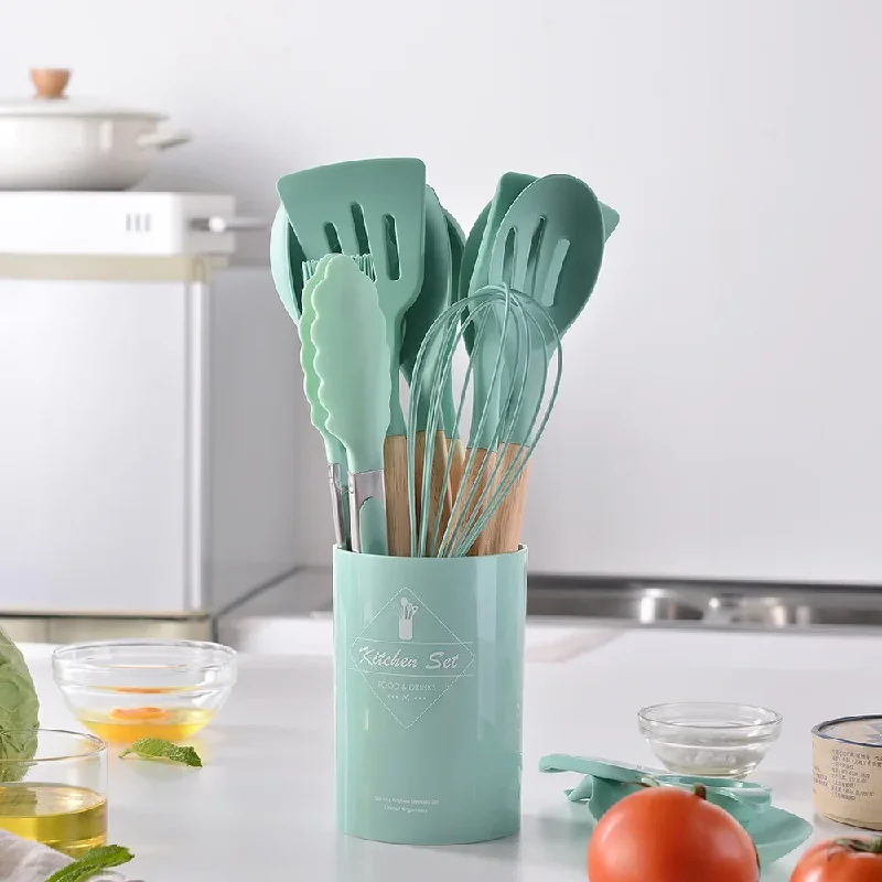 12Pcs Silicone Utensils Set Non-Stick Cookware Spatula Shovel Egg Beaters Wooden… - Image 6