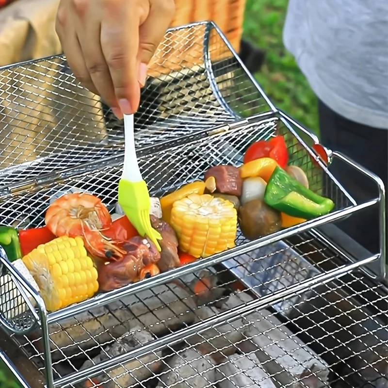 Rolling BBQ Grill Basket Cylinder Rotating 430 Stainless Steel Wooden Handle for… - Image 5