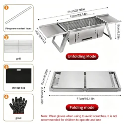 Outdoor Camping Portable Folding Stainless Steel Grill, Household Charcoal Barbecue Grill for Backyard Picnic Meat Fish Roast