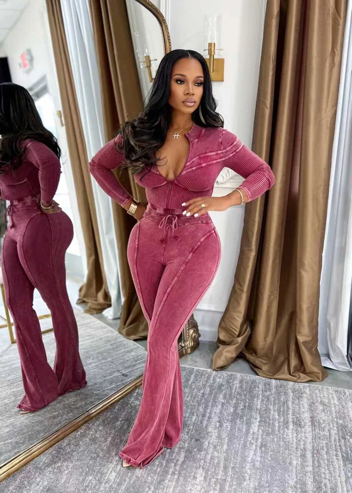 Trends 2026 Women's Sets Acid Washed Long Sleeve Zip Tops and Flare Pants Suit… - Image 3