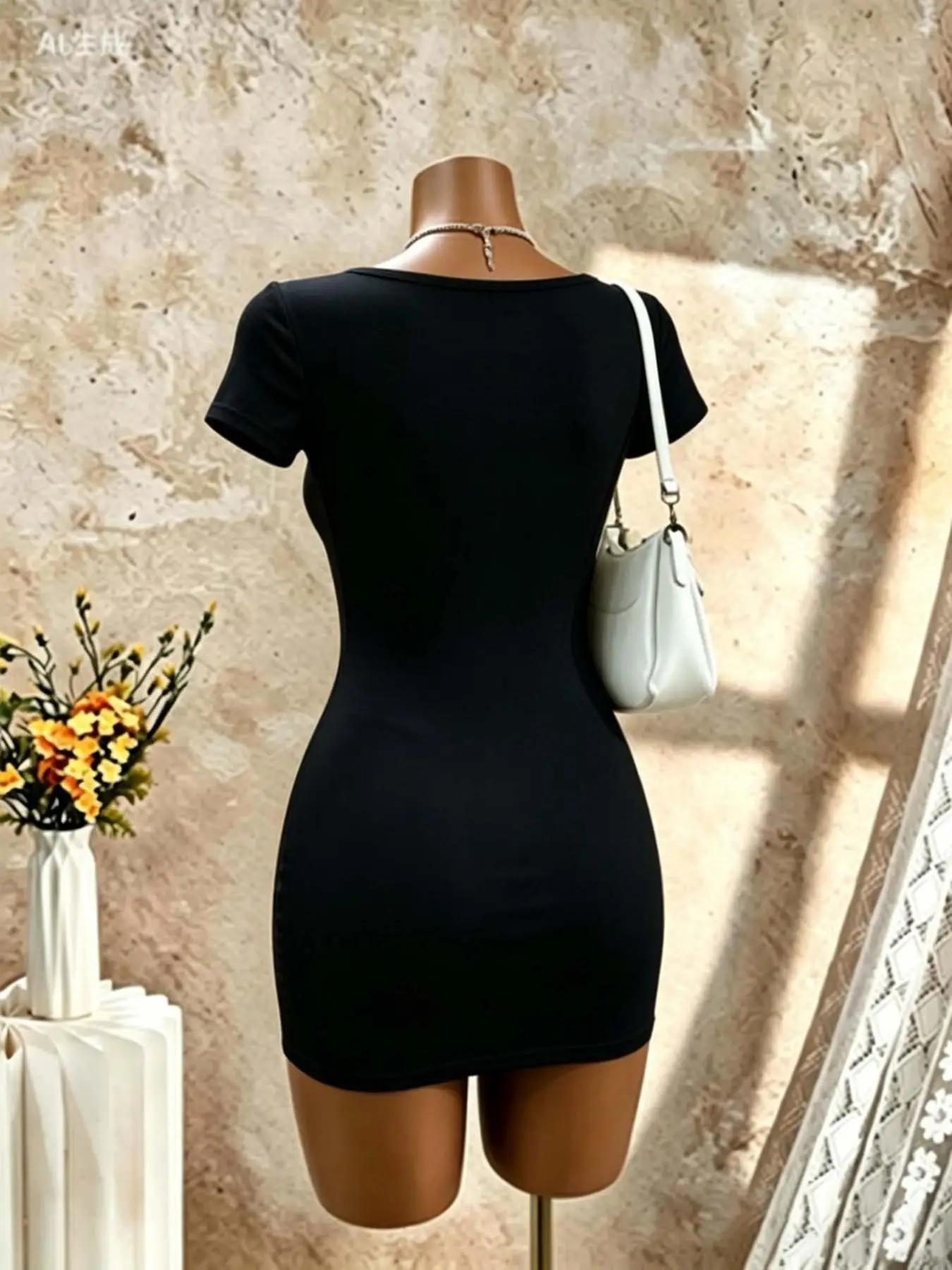 Women Square Neck Short Sleeve Bodycon Mini Dress Solid Black Slim Fit Pencil Club… - Image 15