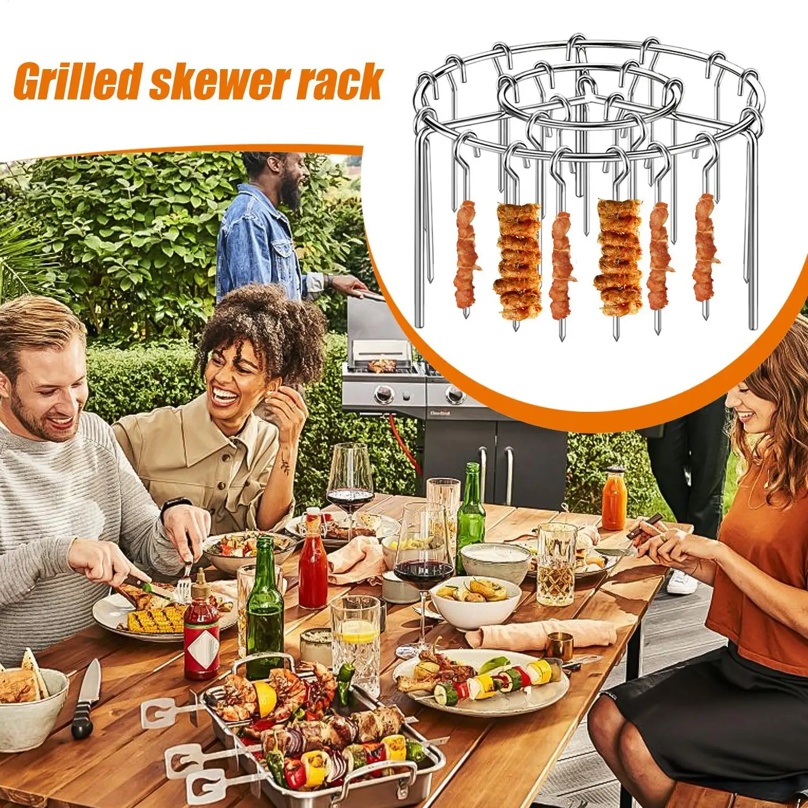 Portable Stainless Steel Air Fryer Grill Round with Grilled Skewers Hanging… - Image 11