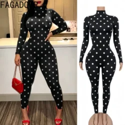 FAGADOER Sexy Women Polka Dot Bodycon Jumpsuit High Neck Long Sleeve Slim Fit One…