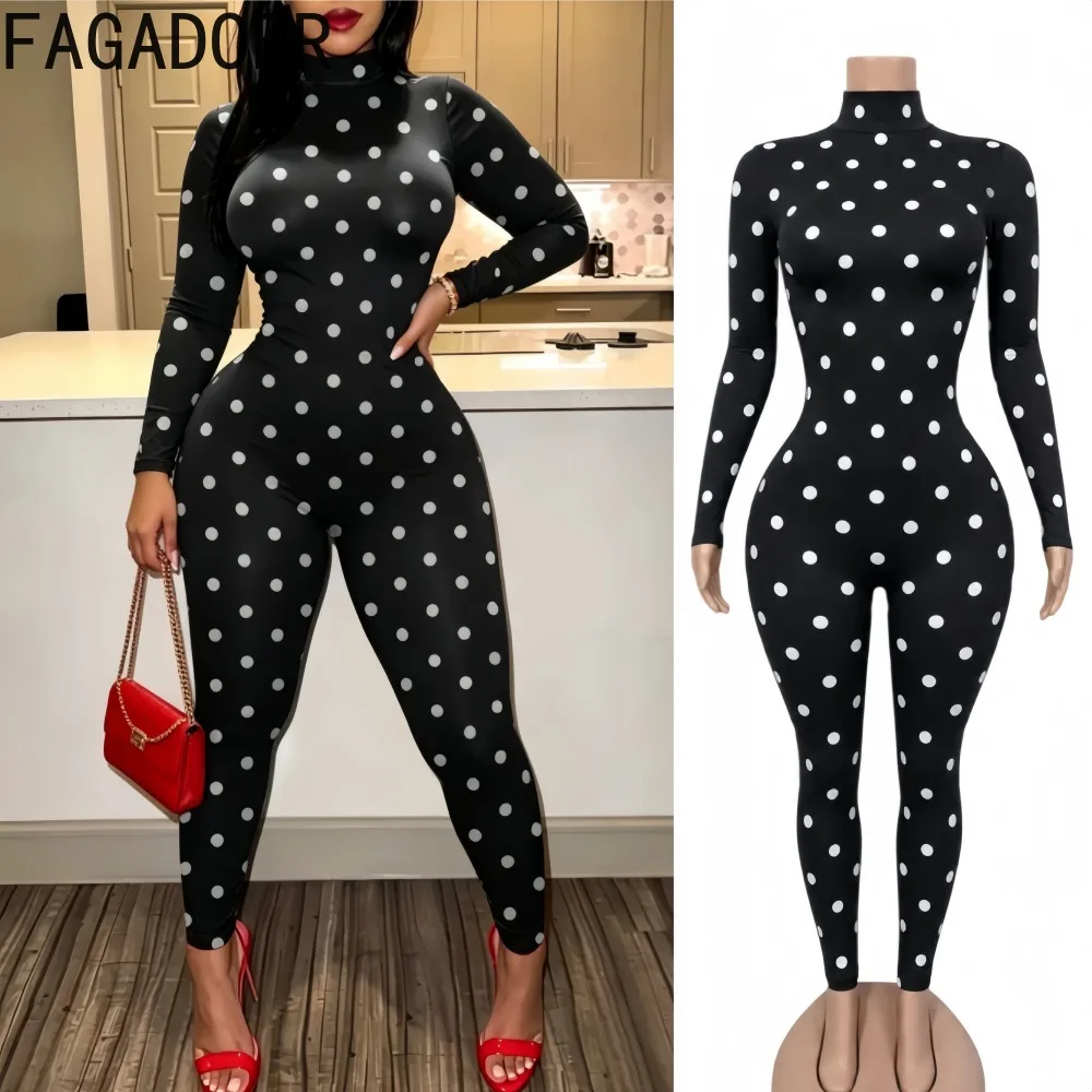 FAGADOER Sexy Women Polka Dot Bodycon Jumpsuit High Neck Long Sleeve Slim Fit One…