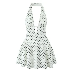 YENKYE French Style Retro Polka Dot Deep V Halter Dress Women Sexy Backless A-line…