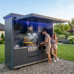 Stainless Steel Modular BBQ Island Outdoor Kitchen Kamado Grill Cabinet Equipped With Smoker and Pizza Oven For Home Party Use