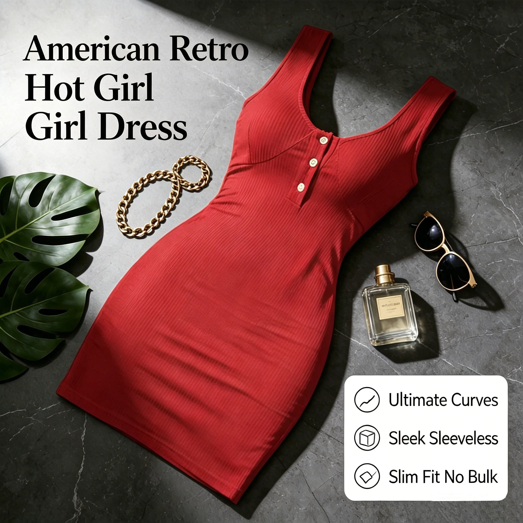 American-Style Spicy Girl Red Ribbed Sleeveless Bodycon Mini Dress, Henley V-Neck… - Image 12