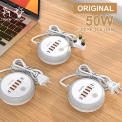 USB C Plug-in Charger Total 50W Multi-Port with Creative Round Touch LED Night…