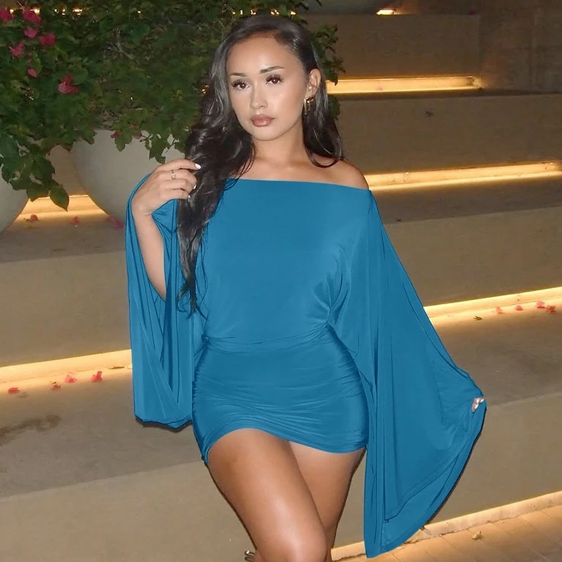 Hugcitar Solid Long Cloak Sleeve Sexy Loose Sexy Ruched Sexy Bodycon Mini Dress… - Image 29