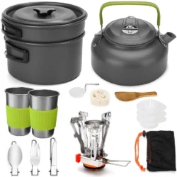 Camping Cooker Set Cookware Kit Outdoor Pot Pan Stove Kettle Cups Tableware…