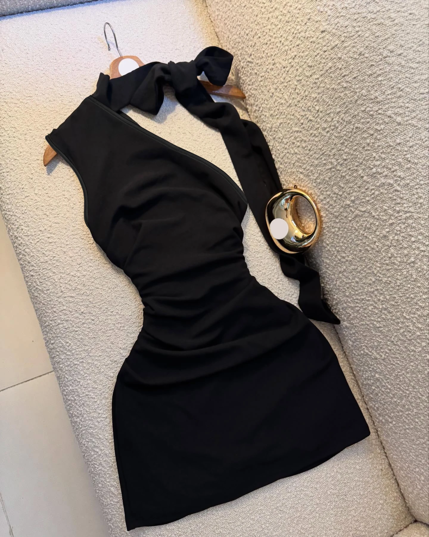 A Black One-Shoulder Halter-Neck Dress with a Bow, Pleated and Fitted Short Dress… - Image 6
