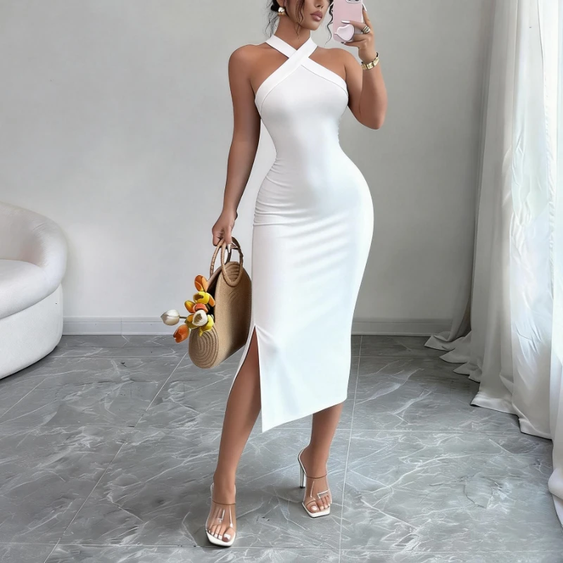 Women's Burgundy Halter Neck Sleeveless Stretchy Knit Bodycon Midi Dress Side Slit… - Image 10