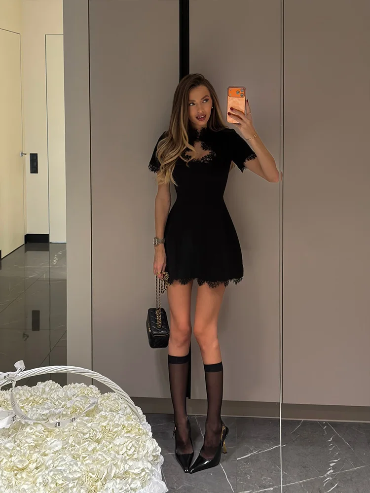 Ahagaga Sexy Women's Mini Dresses Patchwork Short Sleeves Lace Hollow Out Slim Fit… - Image 2