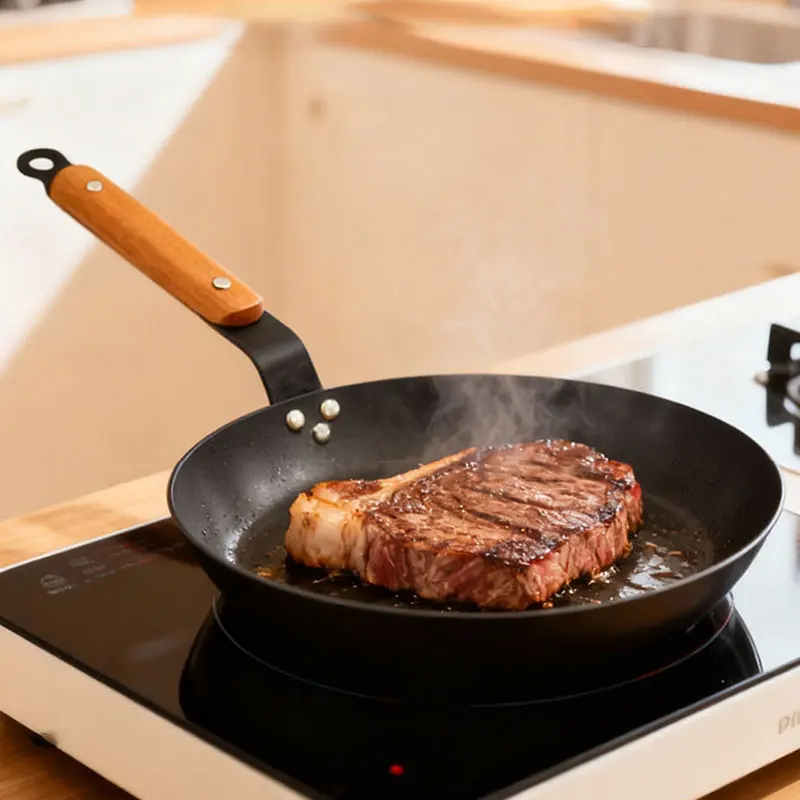Carbon Steel Cooking Skillet Non Stick Frying Pans with Wooden Handle Hammered… - Image 6