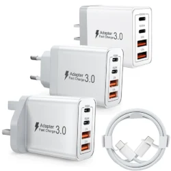 EU/UK/US/AU Plug Multi-Port USB-C/USB-A Wall Charger with Type C Cable, 40W Dual…