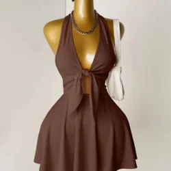 Women Halter Deep V Front Tie Cut Out Mini Dress 2026 Summer Y2K Night Club Party…