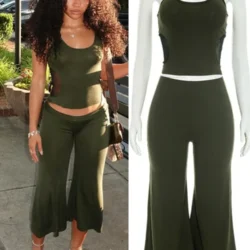 Joskaa Green 2 Piece Sets Women Casual U Neck Mesh Patchwork Crop Tank Top+High…