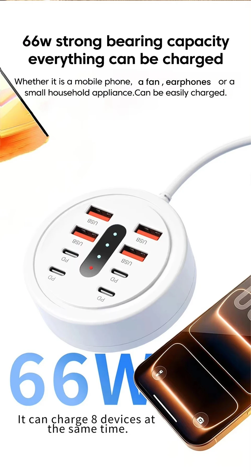 66W Multi Port USB Charging Station 4 QC Fast Charge USB-A 4 Type-C Ports Desktop… - Image 11