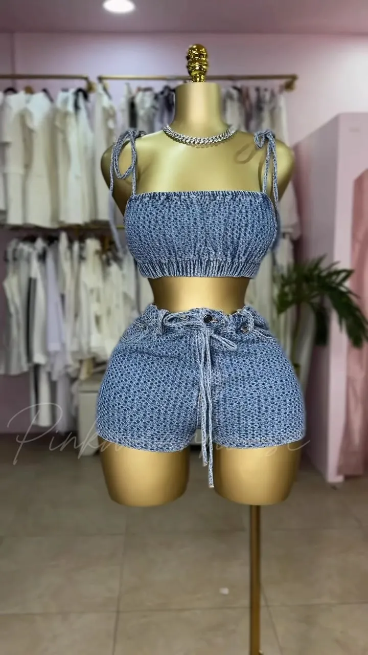 A Fashionable and Sexy Slim-fitting Denim Lace-up Two-piece Set. Women's Summer… - Image 7