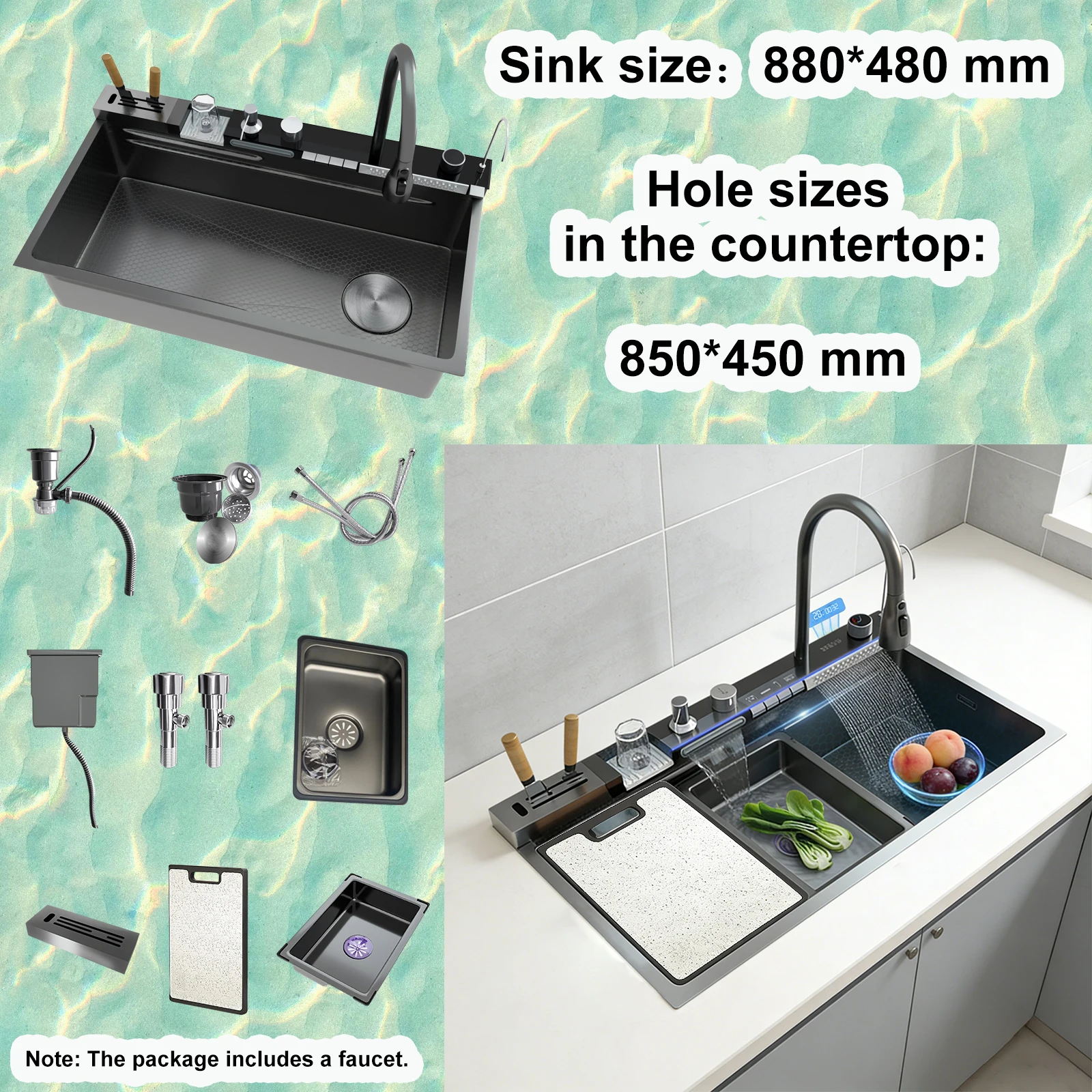 Multifunctional Sinks Stainless Steel Waterfall Kitchen Sink Includes 120 × 50… - Image 20
