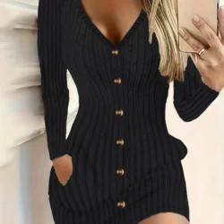 Fashionable Style Long Sleeves Double Side Pockets Textured Fabric Slim-Fit Dress