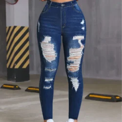 8385 Ladies Printed Denim Look Slim Fit Pants Non-Leather Material Wearable All…