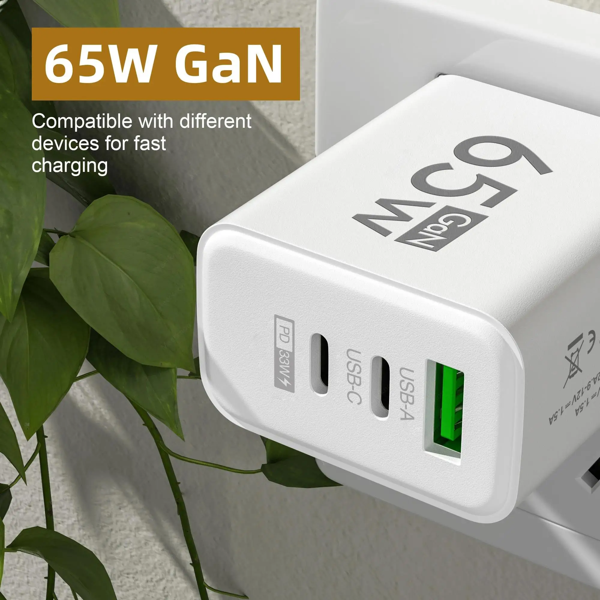 65W GaN USB Charger 3 Ports PD Type C Charging EU Plug Travel Wall Adapter USB C… - Image 3