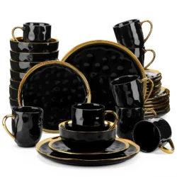 LOVECASA 16/32 Piece Black Porcelain Dinnerware Set with Gold Trim Dessert…