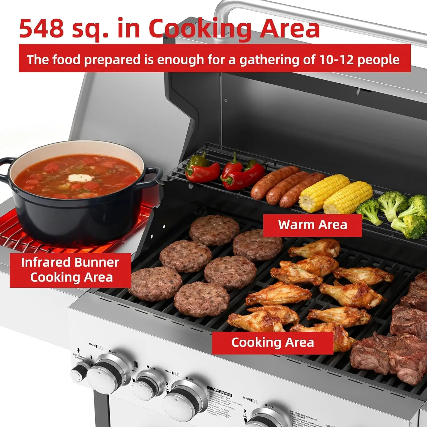 4 Burner Gas Grill with Infrared Side Burner, Side Shelves, Wheels, Custom - Image 4