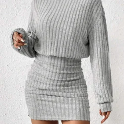 Women's Autumn Winter Fashion High Neck Knitted Sweater Dress Female Casual Solid…