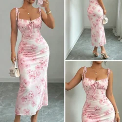 Flowy Pink Cherry Blossom Fishtail Skirt with Adjustable Shoulder Straps +…