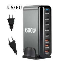 New 600W GaN Fast Charge 3.0 USB Type C Fast Charger with 8 Ports, 5C3A PD Charger for Phones and Tablets, Portable Design