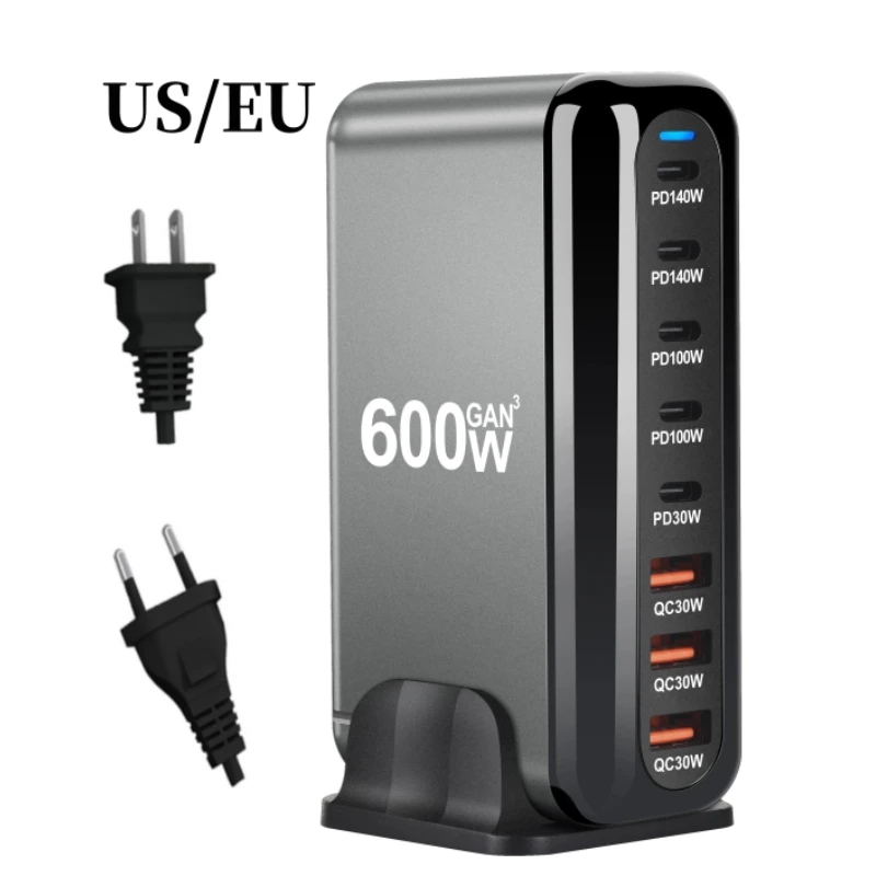 600W GaN 8-Port Fast Charging Station – 5 USB-C PD + 3 USB-A Charger