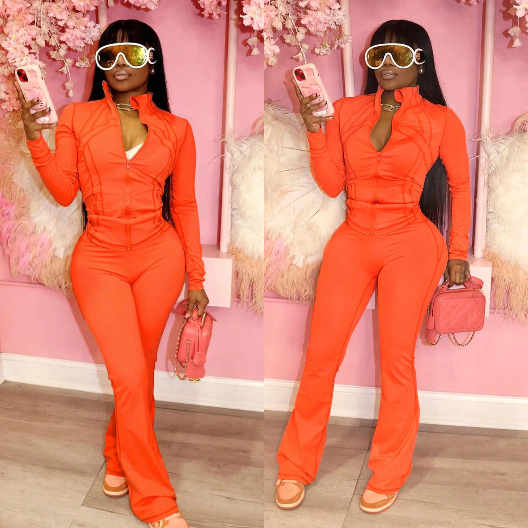 2026 Pant Set Women Two Piece Sets Full Sleeve Club Stand Collar Coats Long Pants…