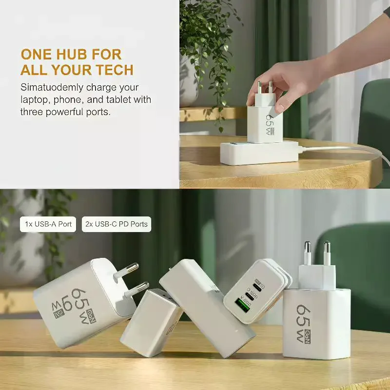 65W GaN Quick Wall Charger EU Plug Dual USB C & USB A Port 3-in-1 Fast Charging… - Image 4
