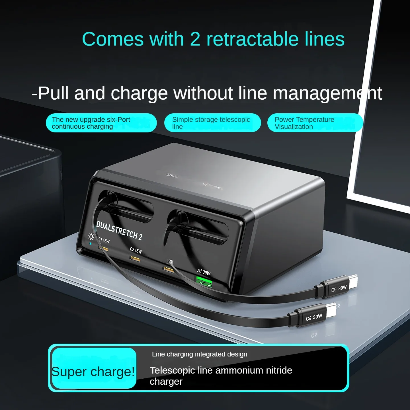 Dualstretch 6-in-1 Charging Station with Retractable Cables 210W Power Hub for… - Image 2