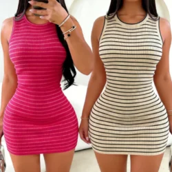 Women's Hot Pink Stripe Sleeveless Sundress O Neck Stretchy Ribbed Knit Bodycon…