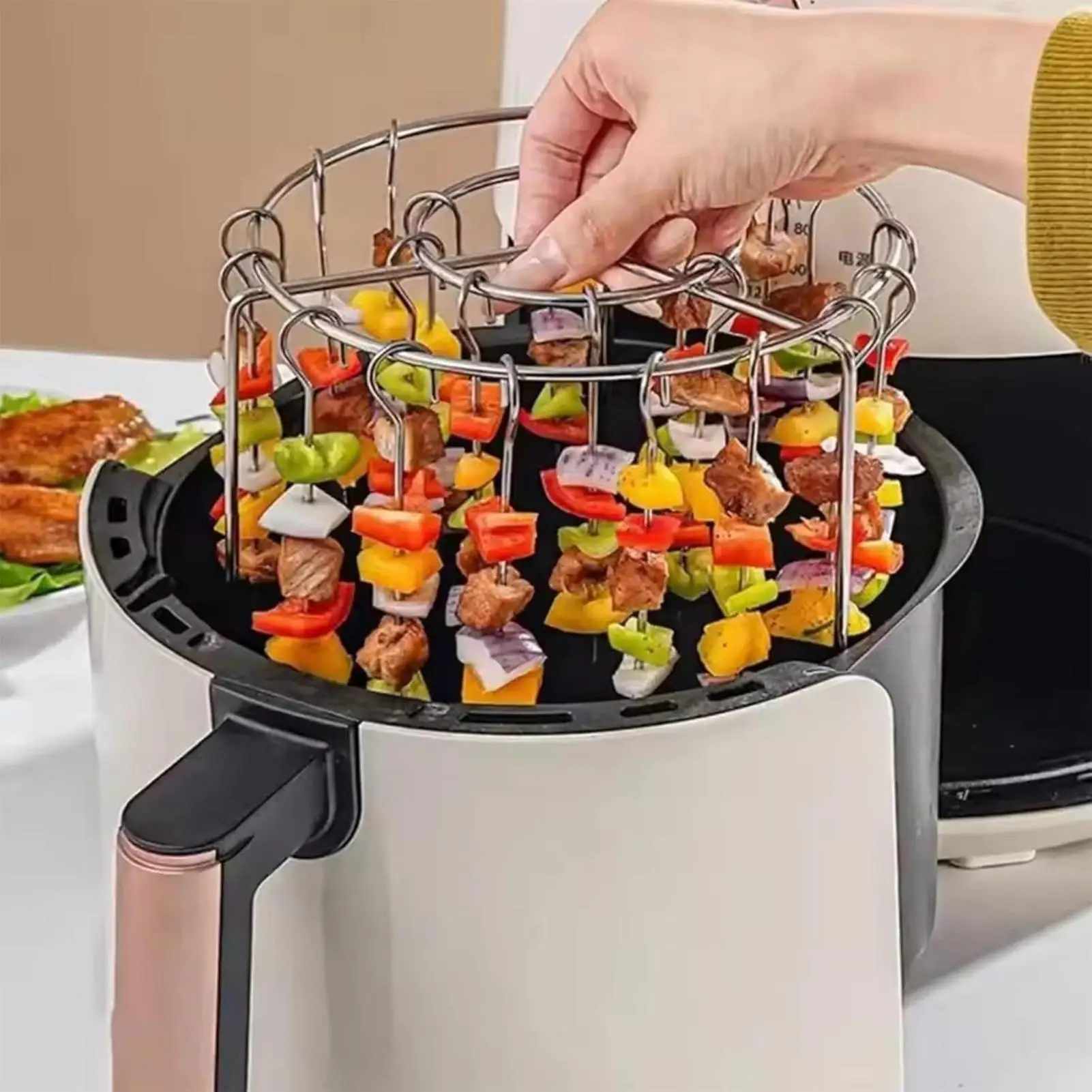 Portable Stainless Steel Air Fryer Grill Round with Grilled Skewers Hanging… - Image 2