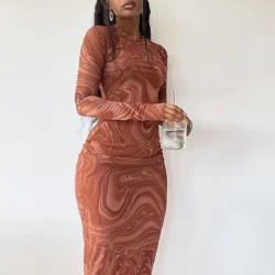 Long Sleeve Bodycon Dresses Women Evening Party Clothes O-neck Mid Calf Sexy…