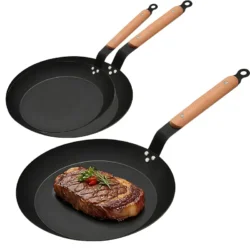 Carbon Steel Cooking Skillet Non Stick Frying Pans with Wooden Handle Hammered…