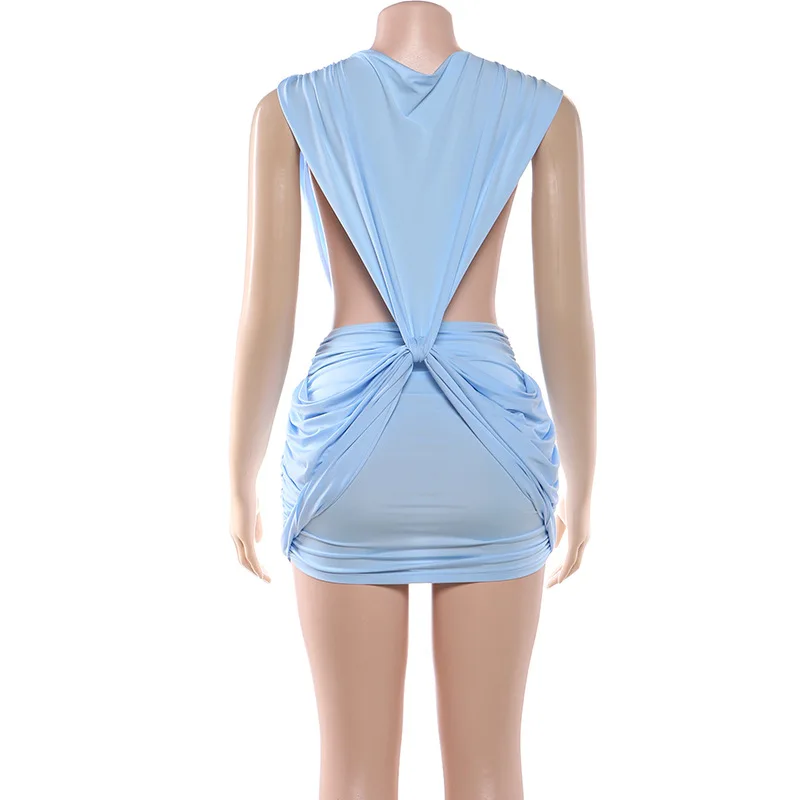 Solid Cross Twist Ruched Bodycon Mini Dress Women Sexy Deep V Neck Sleeveless… - Image 4