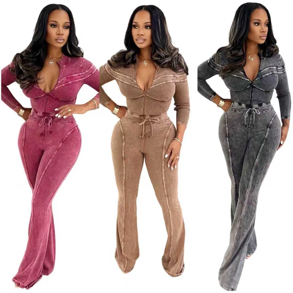 Trends 2026 Women's Sets Acid Washed Long Sleeve Zip Tops and Flare Pants Suit… - Image 12
