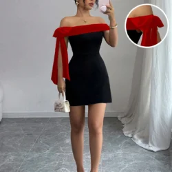 Women Off Shoulder Mini Dress Red Big Bow Spliced Bodycon Short Dresses Elegant…
