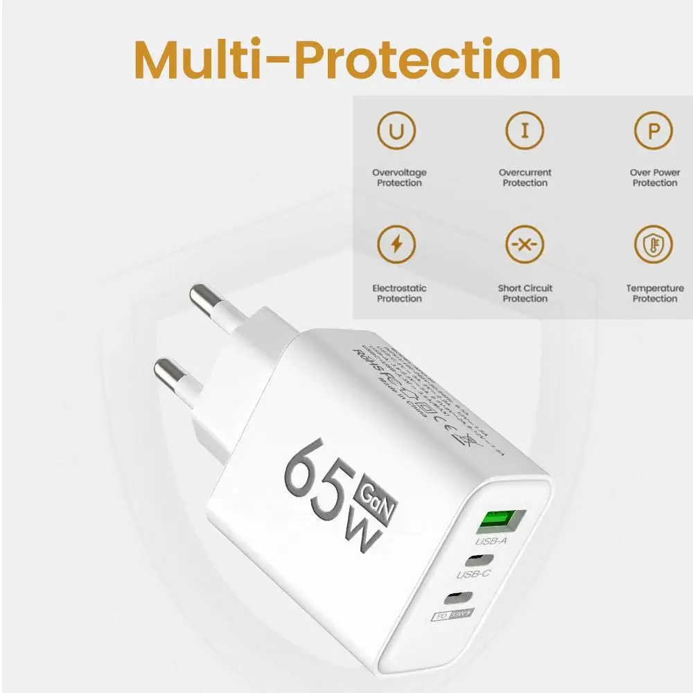 65W GaN USB Charger 3 Ports PD Type C Charging EU Plug Travel Wall Adapter USB C… - Image 5