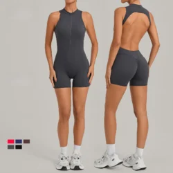 Sexy Hollow Backless Unitard Gym Women Romper Sleeveless Zipper Scrunch Butt Short…